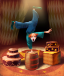 Balancing clown editorial illustration by Eugene Vinitski.